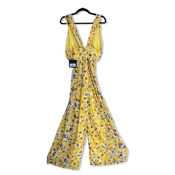 NWT Mac Duggal Ieena Yellow Crossed Halter Tie Waist Jumpsuit floral print Sz 6 - Picture 10 of 15